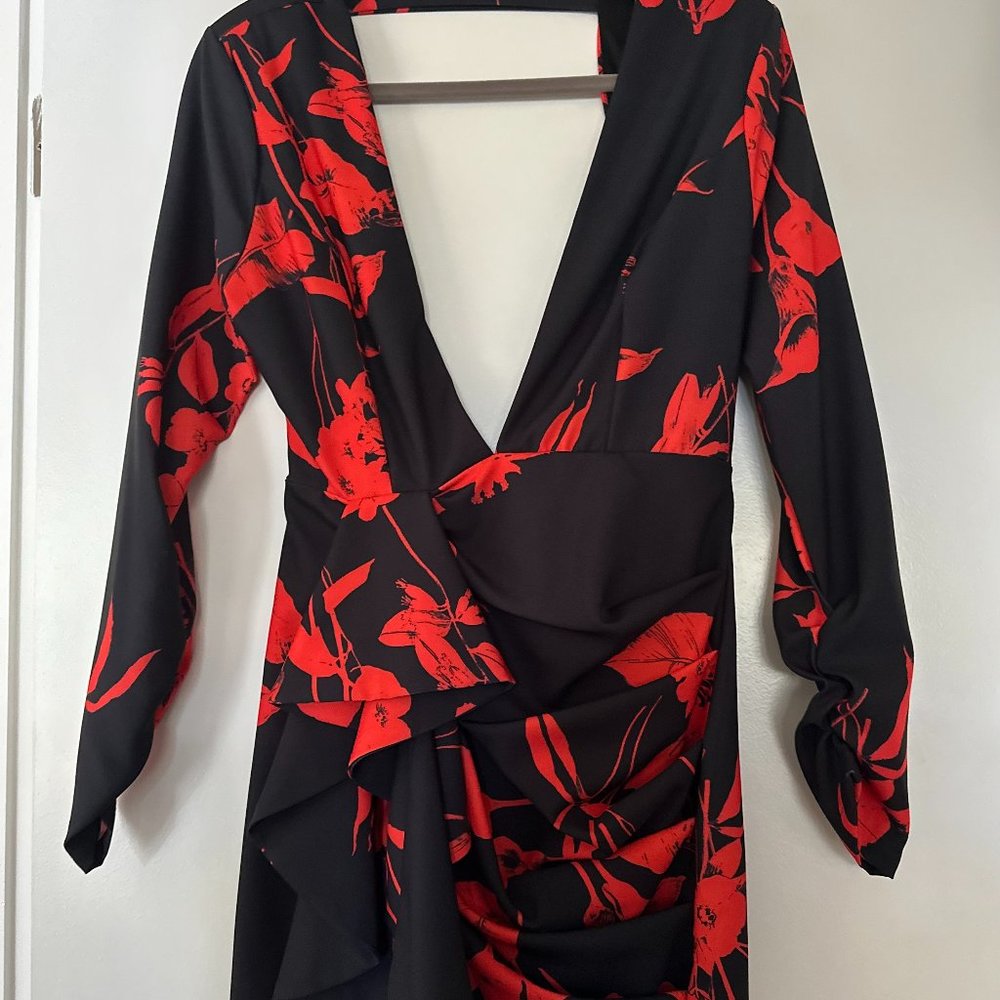 DRESS ELEGANT BLACK RED FLORAL PRINT DEEP V-NECK RUFFLE TIE-UP OPEN BACK DRESS W